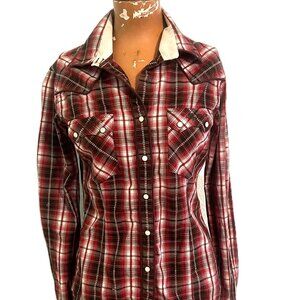 Panhandle Slim Shirt Women Small Western Cowgirl Pearl Snap Embroidered Brown